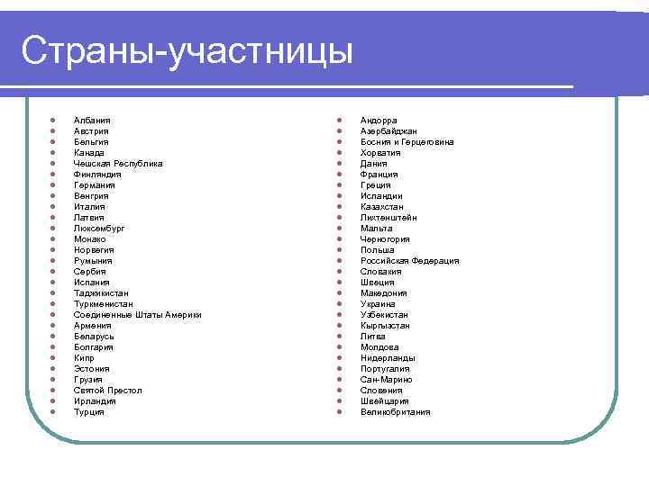 Страны-участницы l l l l l l l Албания Австрия Бельгия Канада Чешская Республика