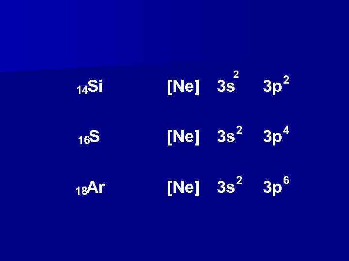 14 Si 16 S 18 Ar 2 [Ne] 3 s 2 3 p 4