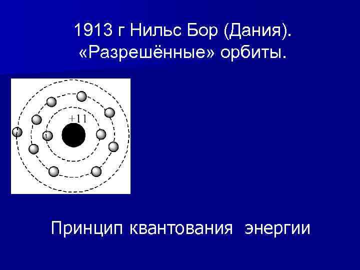 1913 г Нильс Бор (Дания). «Разрешённые» орбиты. Принцип квантования энергии 