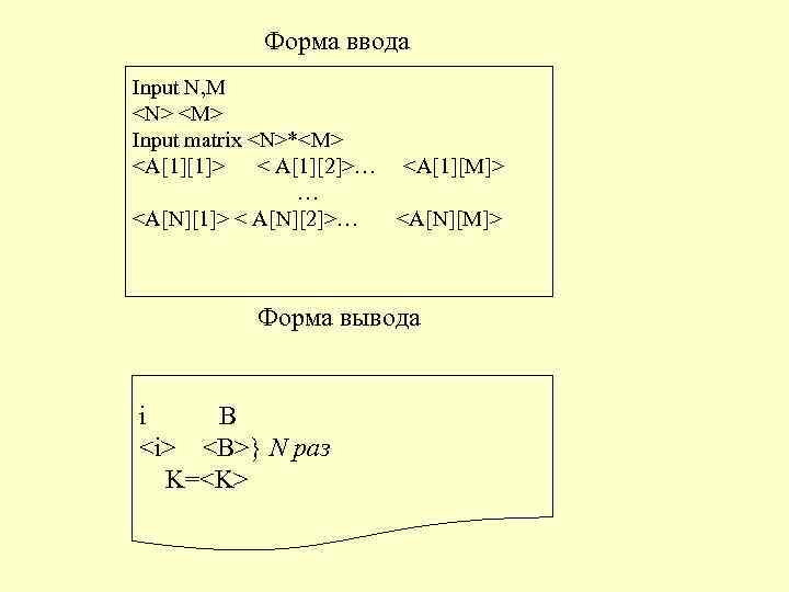 Форма ввода Input N, M <N> <M> Input matrix <N>*<M> <A[1][1]> < A[1][2]>… <A[1][M]>