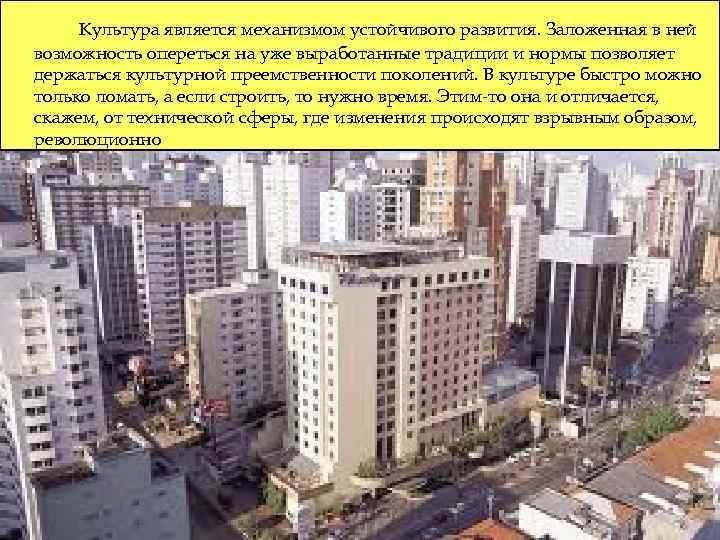 Культура является механизмом устойчивого развития. Заложенная в ней возможность опереться на уже выработанные традиции
