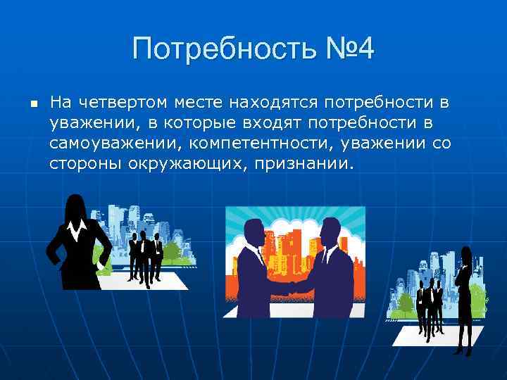 Потребность № 4 n На четвертом месте находятся потребности в уважении, в которые входят