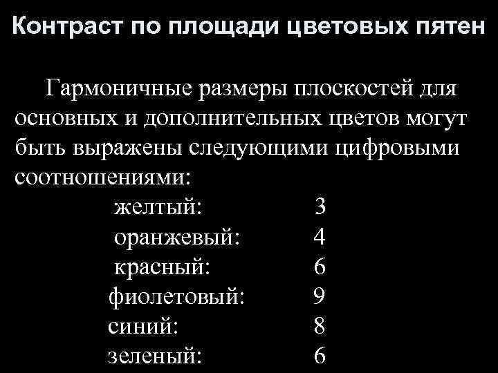 Контраст по площади цветовых пятен Гармоничные размеры плоскостей для основных и дополнительных цветов могут