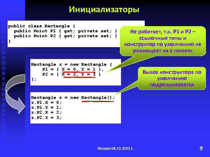 Инициализаторы public class Rectangle { public Point P 1 { get; private set; }