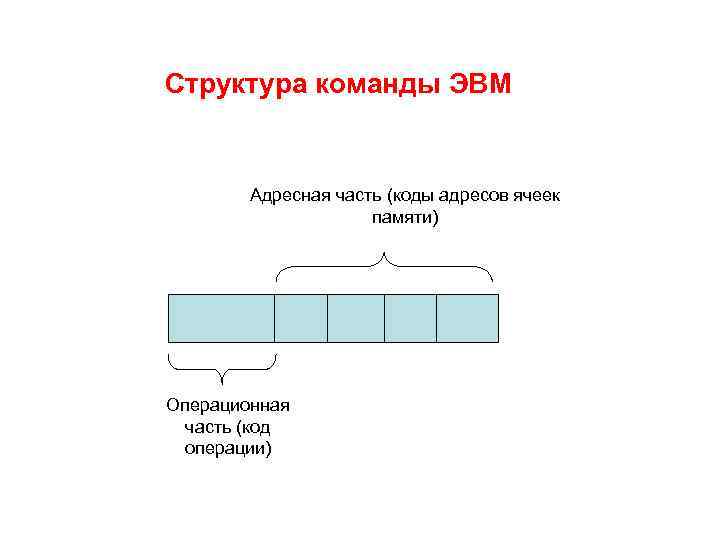 Структура команды ЭВМ Адресная часть (коды адресов ячеек памяти) Операционная часть (код операции) 