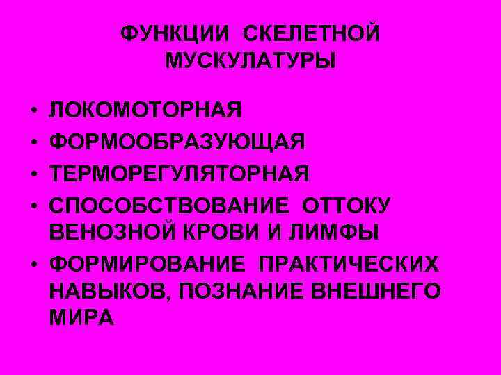 ФУНКЦИИ СКЕЛЕТНОЙ МУСКУЛАТУРЫ • • ЛОКОМОТОРНАЯ ФОРМООБРАЗУЮЩАЯ ТЕРМОРЕГУЛЯТОРНАЯ СПОСОБСТВОВАНИЕ ОТТОКУ ВЕНОЗНОЙ КРОВИ И ЛИМФЫ