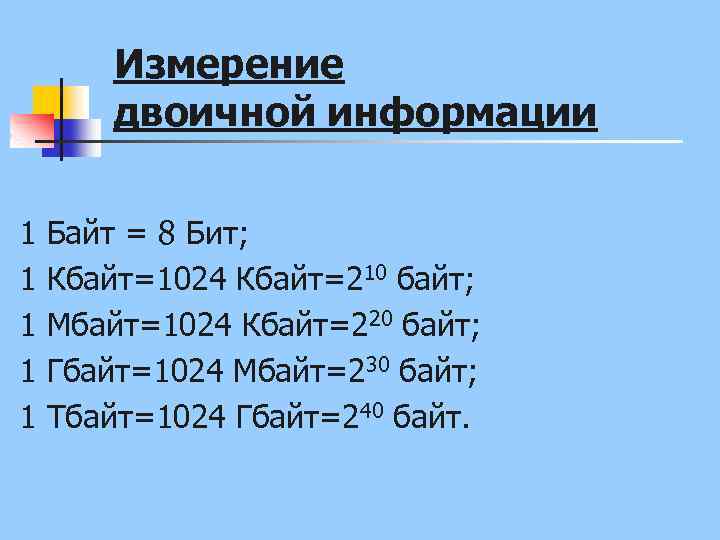 Измерение двоичной информации 1 Байт = 8 Бит; 1 Кбайт=1024 Кбайт=210 байт; 1 Мбайт=1024