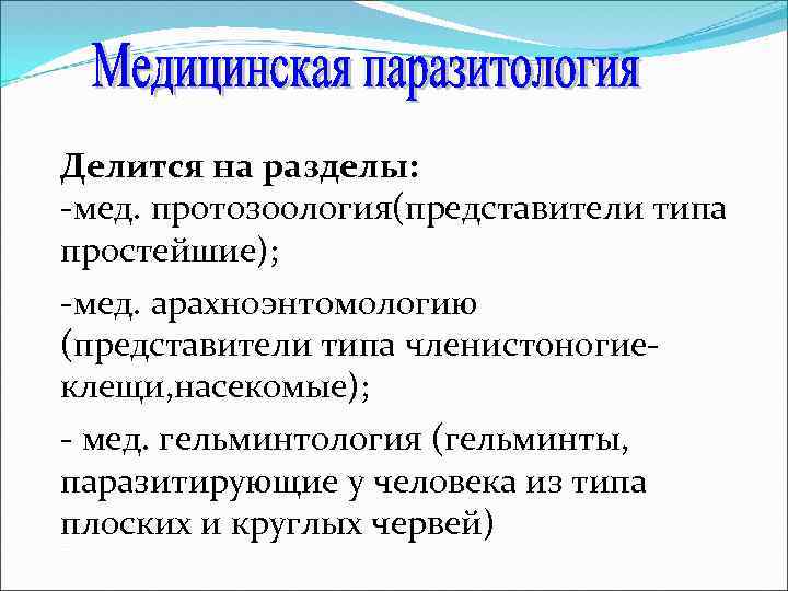Делится на разделы: -мед. протозоология(представители типа простейшие); -мед. арахноэнтомологию (представители типа членистоногиеклещи, насекомые); -