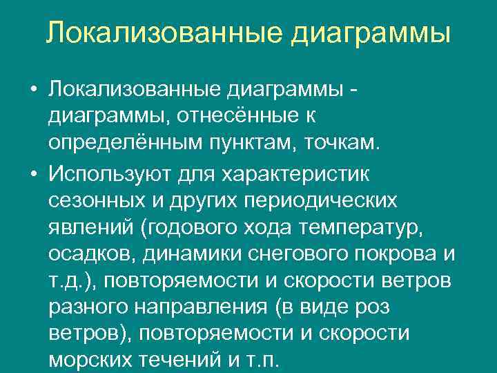 Локализованные диаграммы • Локализованные диаграммы, отнесённые к определённым пунктам, точкам. • Используют для характеристик