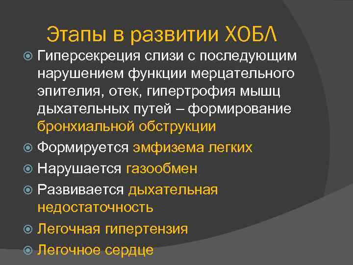Этапы в развитии ХОБЛ Гиперсекреция слизи с последующим нарушением функции мерцательного эпителия, отек, гипертрофия