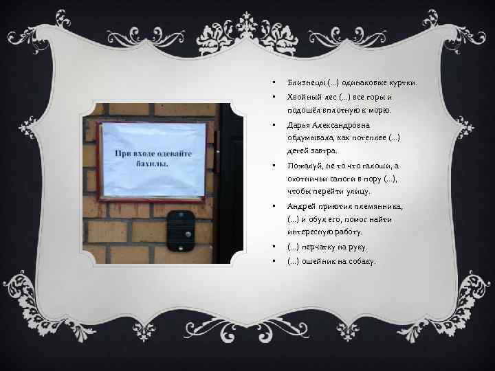  • Близнецы (…) одинаковые куртки. • Хвойный лес (…) все горы и подошёл