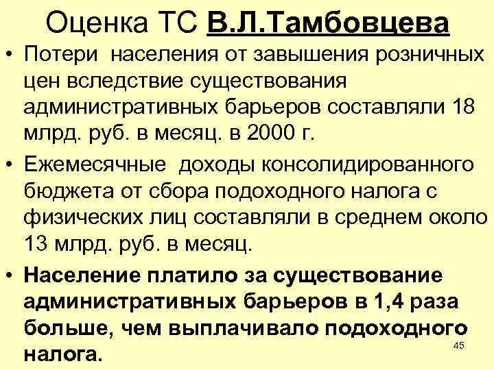 Оценка ТС В. Л. Тамбовцева • Потери населения от завышения розничных цен вследствие существования