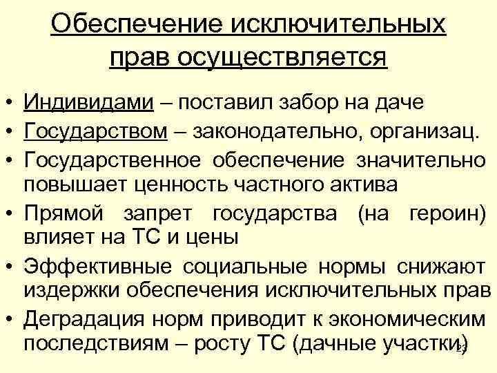 Обеспечение исключительных прав осуществляется • Индивидами – поставил забор на даче • Государством –