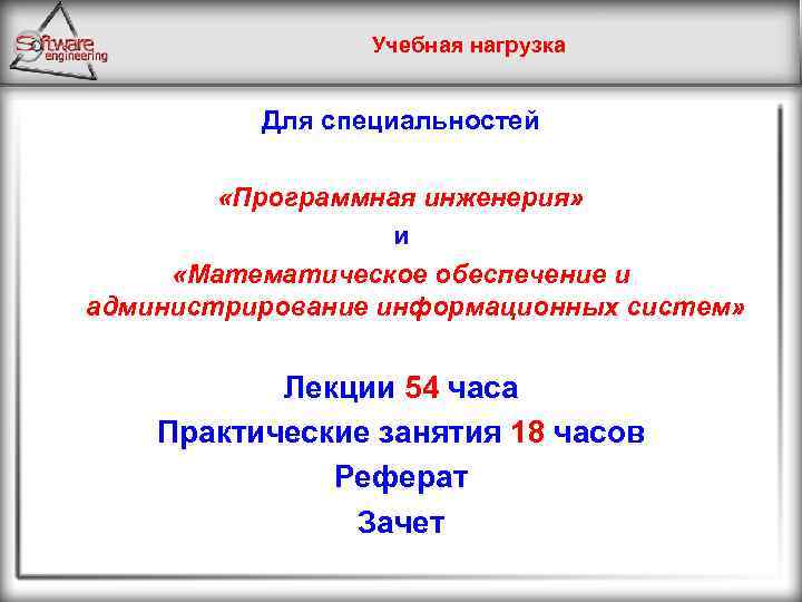 Учебная нагрузка Для специальностей «Программная инженерия» и «Математическое обеспечение и администрирование информационных систем» Лекции