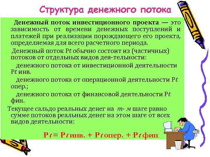 Структура денежного потока Денежный поток инвестиционного проекта — это зависимость от времени денежных поступлений