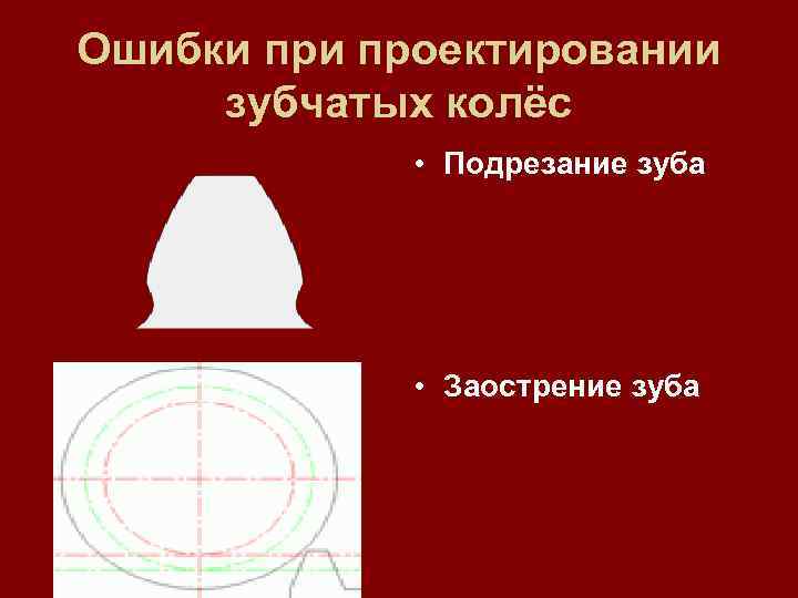 Ошибки проектировании зубчатых колёс • Подрезание зуба • Заострение зуба 