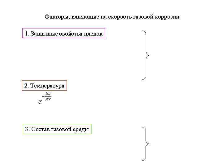 Факторы, влияющие на скорость газовой коррозии 1. Защитные свойства пленок 2. Температура 3. Состав