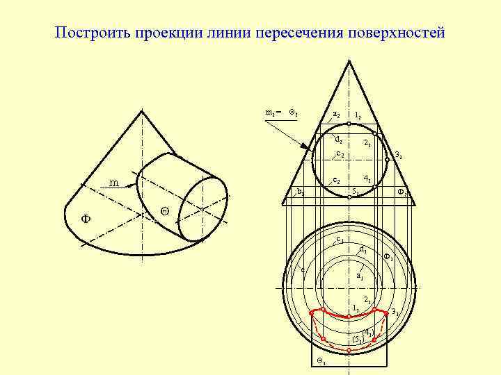 Построить проекции линии пересечения