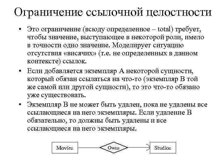 Ограничение ссылочной целостности • Это ограничение (всюду определенное – total) требует, чтобы значение, выступающее