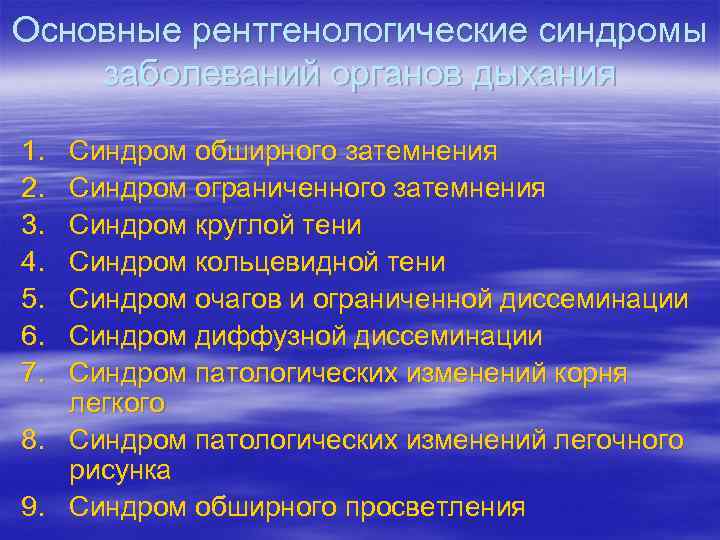 Основные рентгенологические синдромы заболеваний органов дыхания 1. 2. 3. 4. 5. 6. 7. Синдром