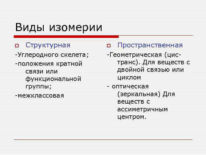 Виды изомерии o Структурная -Углеродного скелета; -положения кратной связи или функциональной группы; -межклассовая o