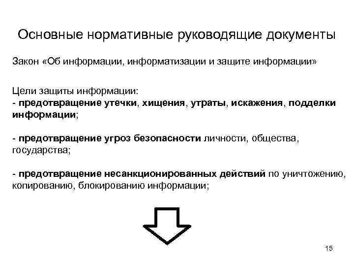 Основные нормативные руководящие документы Закон «Об информации, информатизации и защите информации» Цели защиты информации: