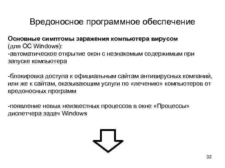 Вредоносное программное обеспечение Основные симптомы заражения компьютера вирусом (для ОС Windows): -автоматическое открытие окон