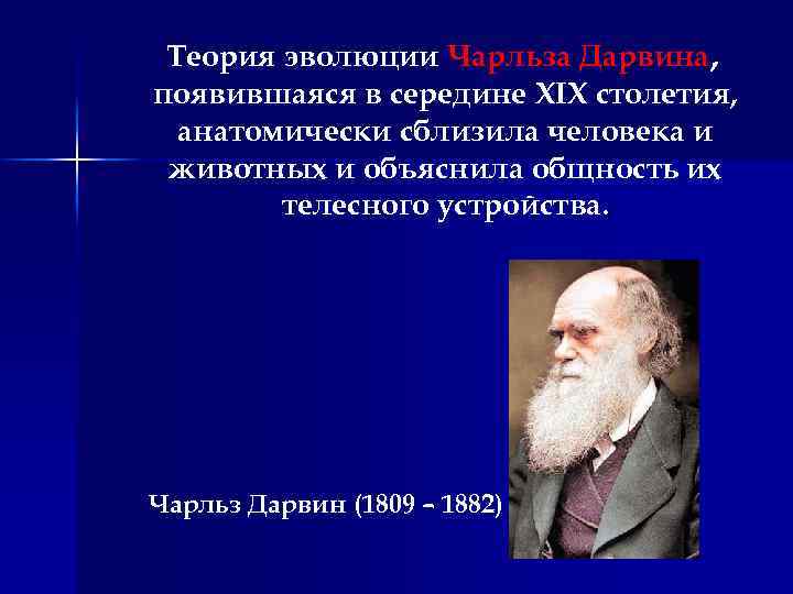 Теория эволюции Чарльза Дарвина, появившаяся в середине XIX столетия, анатомически сблизила человека и животных