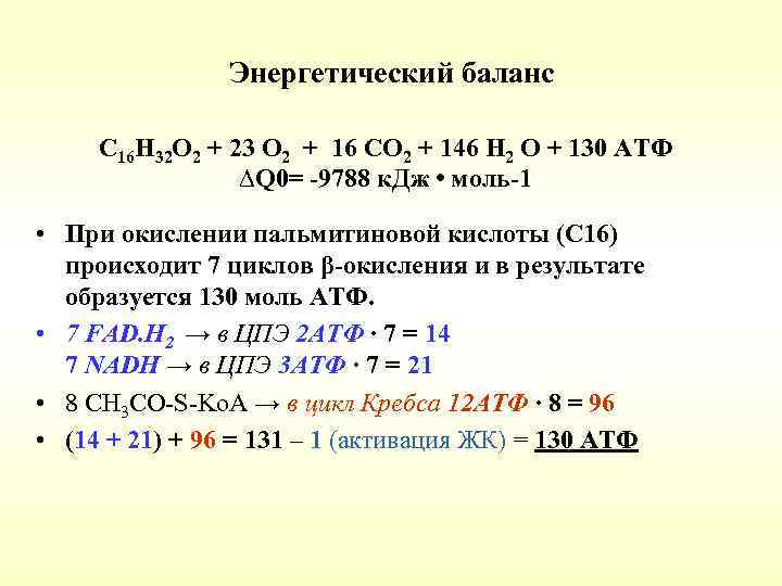 Энергетический баланс С 16 Н 32 О 2 + 23 О 2 + 16
