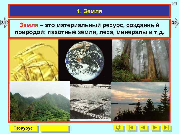 21 1. Земля 31 Земля – это материальный ресурс, созданный природой: пахотные земли, леса,
