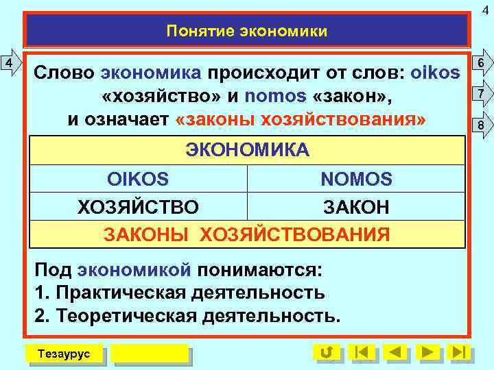 4 Понятие экономики 4 Слово экономика происходит от слов: oikos «хозяйство» и nomos «закон»