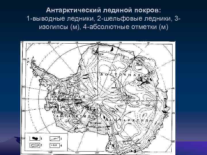 Антарктический ледяной покров: 1 -выводные ледники, 2 -шельфовые ледники, 3 изогипсы (м), 4 -абсолютные