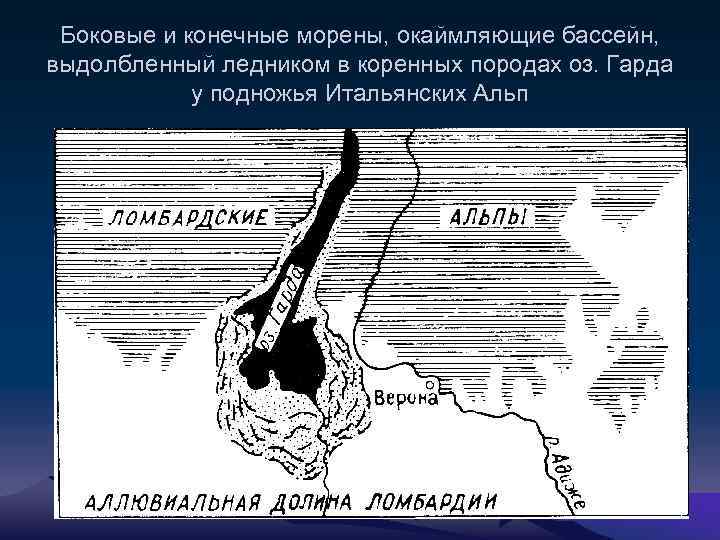 Боковые и конечные морены, окаймляющие бассейн, выдолбленный ледником в коренных породах оз. Гарда у