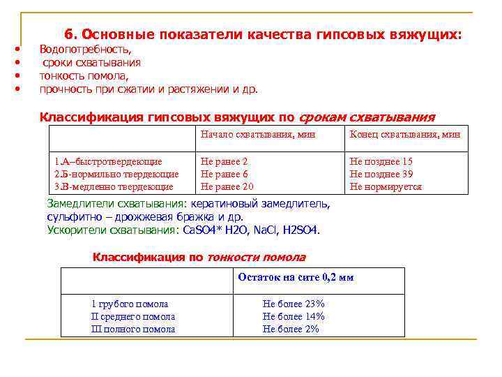  • • 6. Основные показатели качества гипсовых вяжущих: Водопотребность, сроки схватывания тонкость помола,