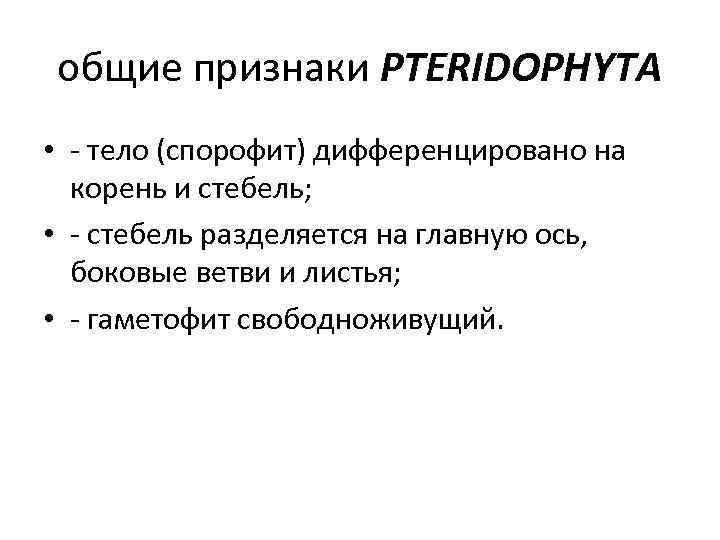 общие признаки PTERIDOPHYTA • - тело (спорофит) дифференцировано на корень и стебель; • -