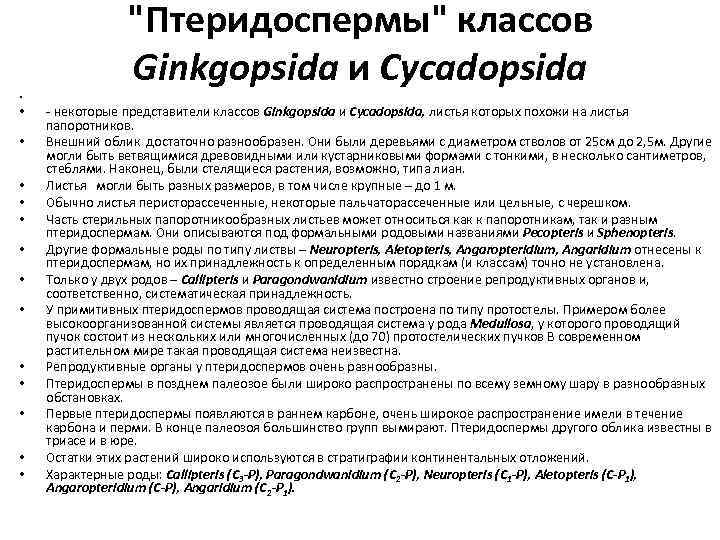 "Птеридоспермы" классов Ginkgopsida и Cycadopsida • • - некоторые представители классов Ginkgopsida и Cycadopsida,