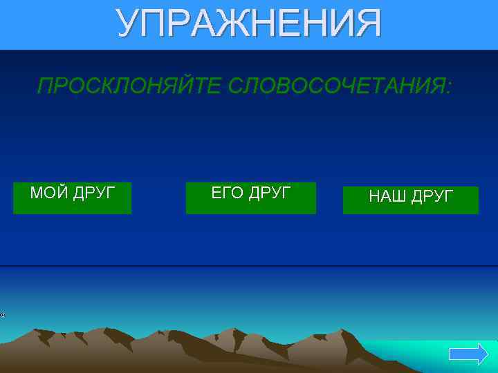 УПРАЖНЕНИЯ ПРОСКЛОНЯЙТЕ СЛОВОСОЧЕТАНИЯ: МОЙ ДРУГ ЕГО ДРУГ НАШ ДРУГ 