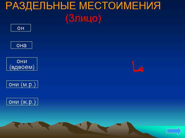 РАЗДЕЛЬНЫЕ МЕСТОИМЕНИЯ (3 лицо) он она они (вдвоем) они (м. р. ) они (ж.