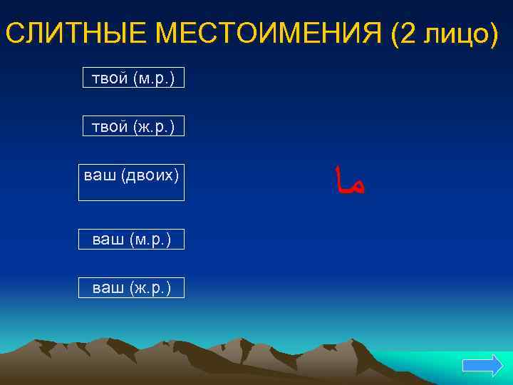 СЛИТНЫЕ МЕСТОИМЕНИЯ (2 лицо) твой (м. р. ) твой (ж. р. ) ваш (двоих)