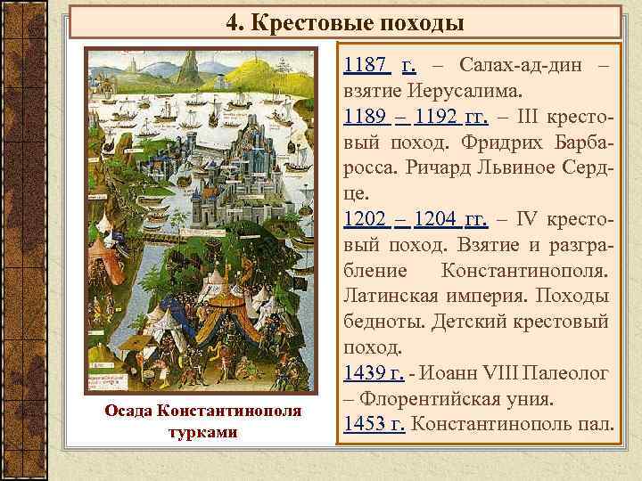 4. Крестовые походы Осада Константинополя турками 1187 г. – Салах-ад-дин – взятие Иерусалима. 1189