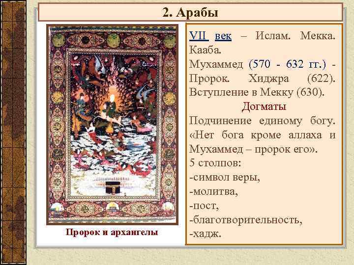 2. Арабы Пророк и архангелы VII век – Ислам. Мекка. Кааба. Мухаммед (570 -