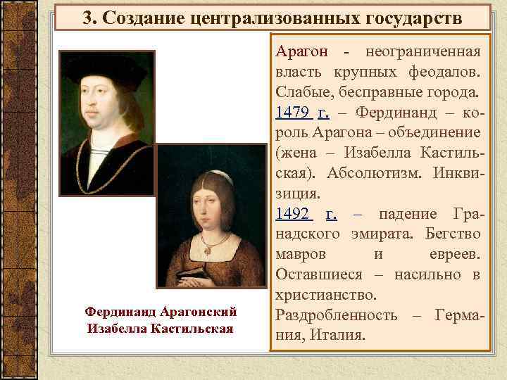 3. Создание централизованных государств Фердинанд Арагонский Изабелла Кастильская Арагон - неограниченная власть крупных феодалов.