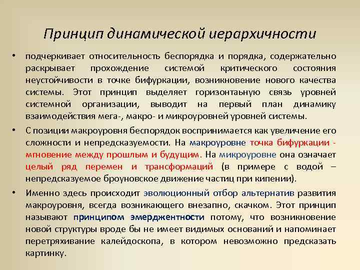 Принцип динамической иерархичности • подчеркивает относительность беспорядка и порядка, содержательно раскрывает прохождение системой критического