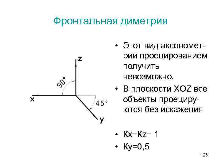 Диметрия. Фронтальная диметрия. Оси прямоугольной диметрии. Косоугольной фронтальной диметрии. Координатные оси фронтальной косоугольной диметрии.