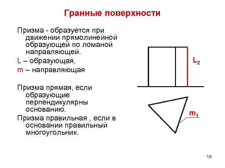 Гранные поверхности Призма - образуется при движении прямолинейной образующей по ломаной направляющей. L –