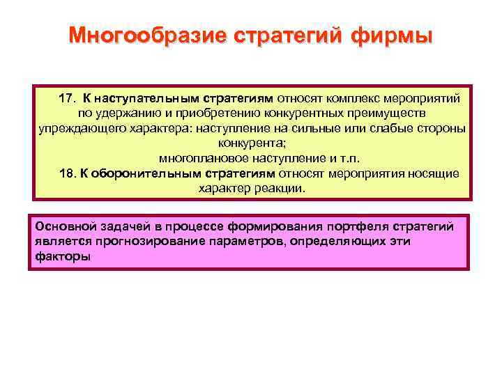 Многообразие стратегий фирмы 17. К наступательным стратегиям относят комплекс мероприятий по удержанию и приобретению