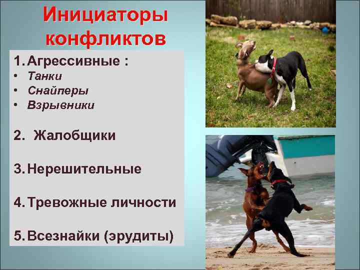 Инициаторы конфликтов 1. Агрессивные : • Танки • Снайперы • Взрывники 2. Жалобщики 3.