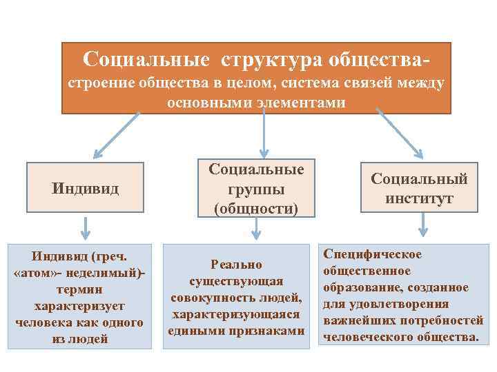 Социальные структура обществастроение общества в целом, система связей между основными элементами Индивид (греч. «атом»