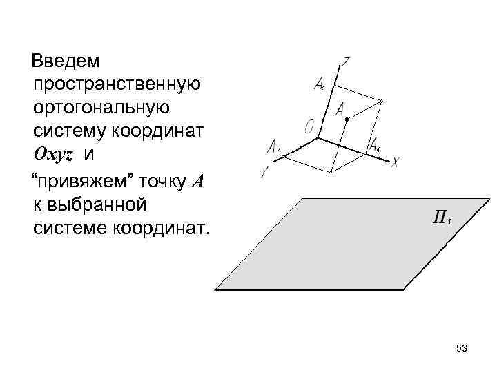 Введем пространственную ортогональную систему координат Оxyz и “привяжем” точку А к выбранной системе координат.