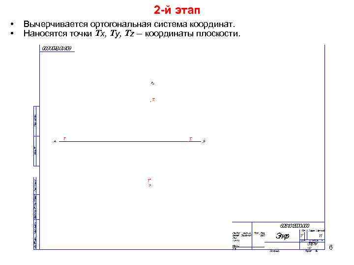 2 -й этап • • Вычерчивается ортогональная система координат. Наносятся точки x, y, z